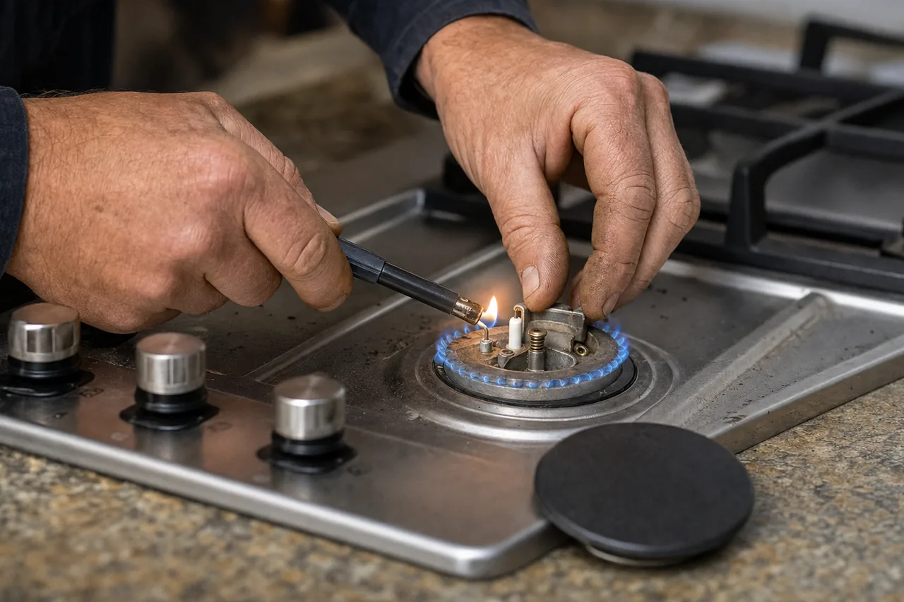 Technician adjusting a gas cooktop burner in a Roslyn kitchen