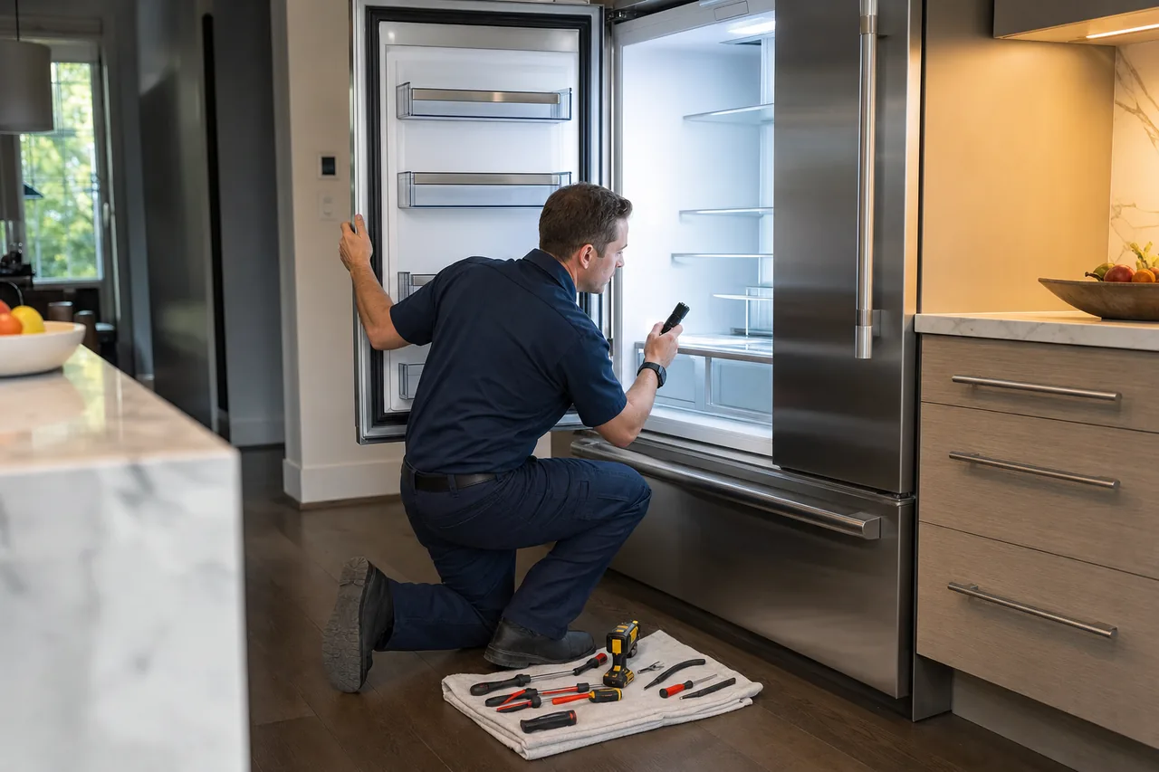 Technician repairing a built-in refrigerator up close