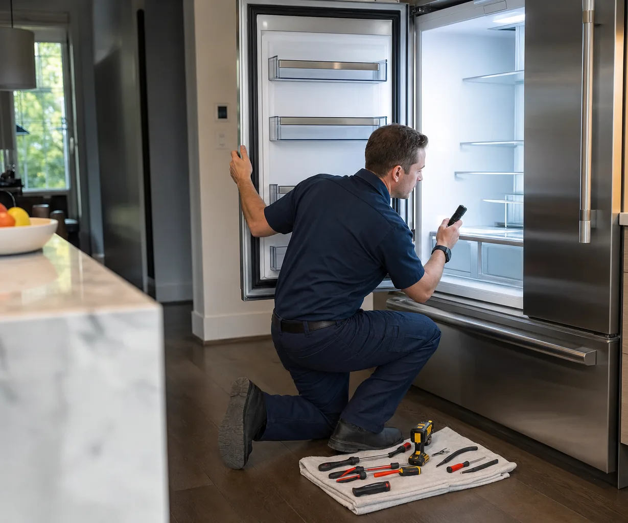 Technician repairing a built-in refrigerator mid-repair