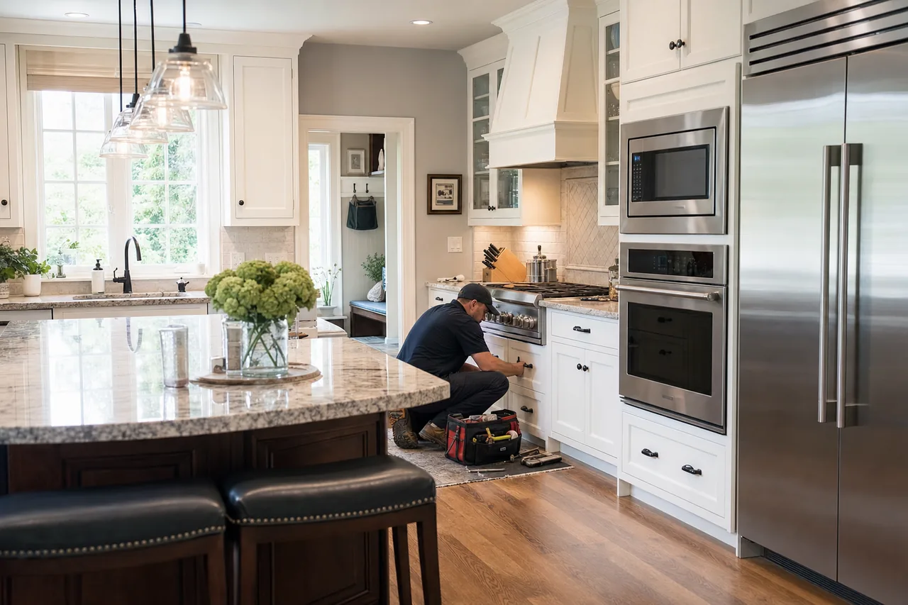 A luxury kitchen with built-in stainless appliances in a Roslyn kitchen