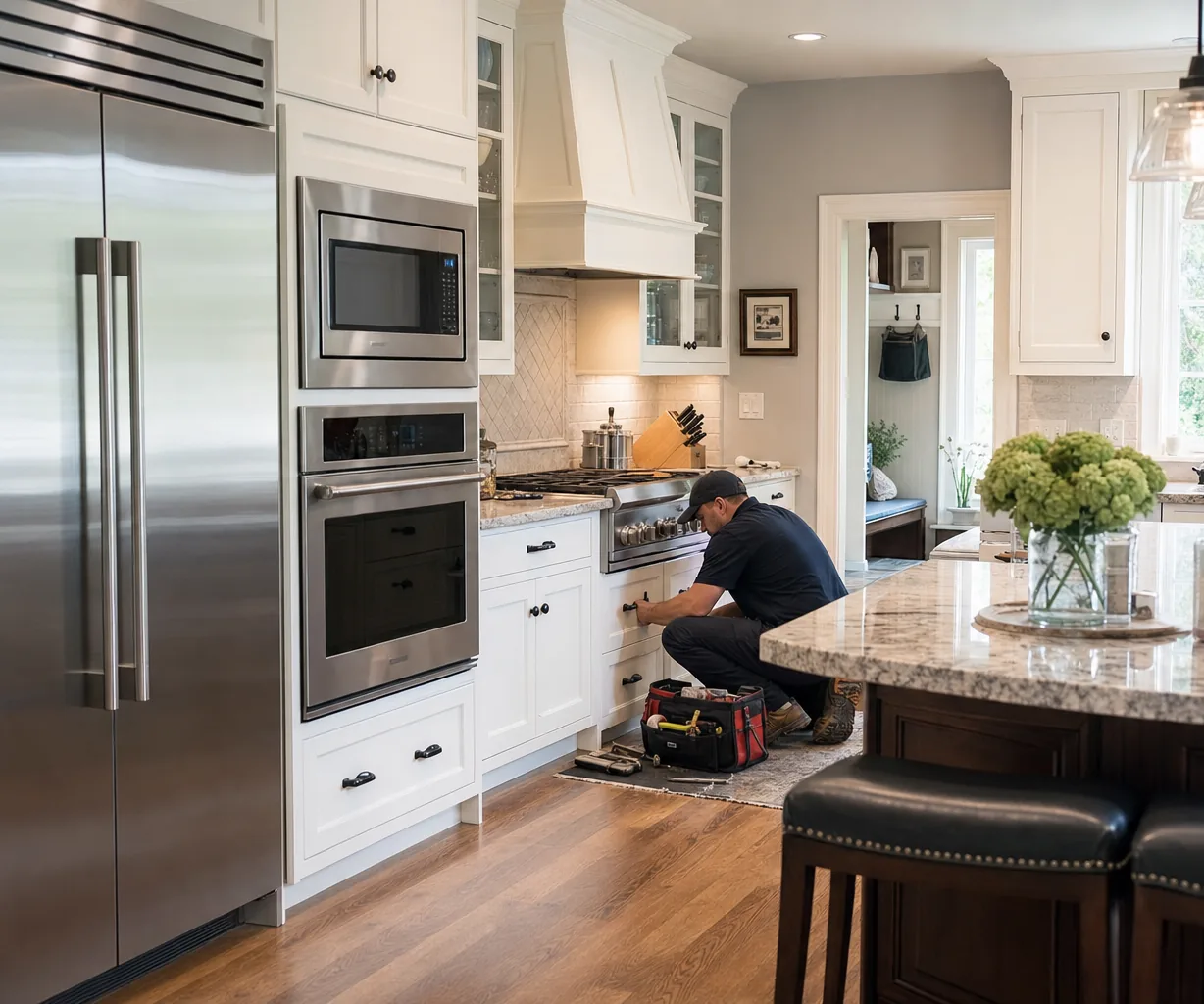 A luxury kitchen with built-in stainless appliances in a Roslyn kitchen