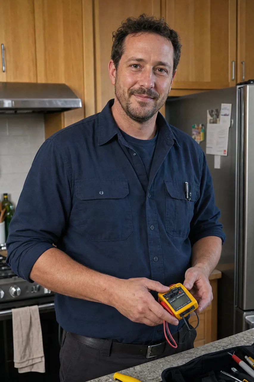 An appliance repair technician in a Roslyn kitchen holding a multimeter