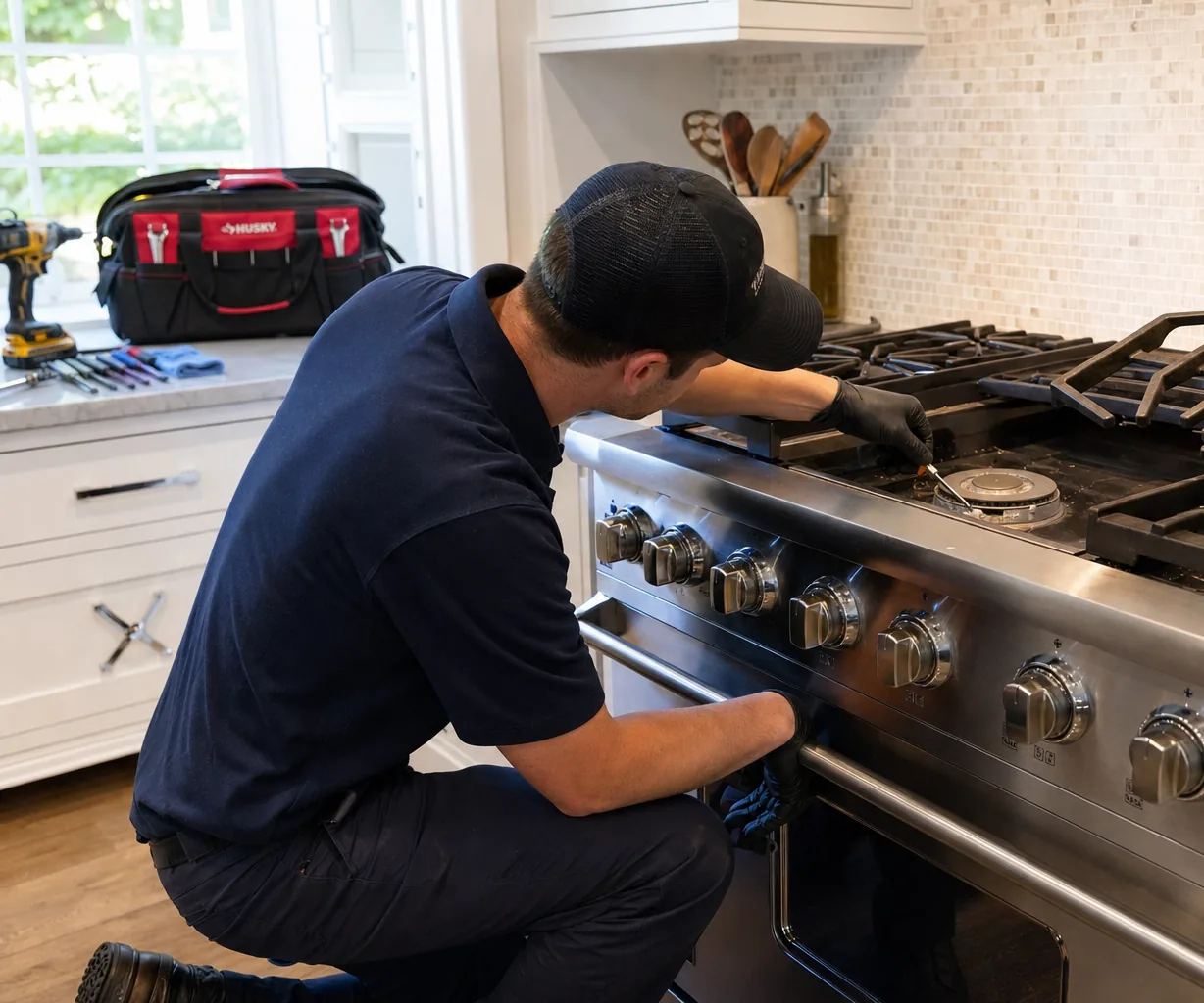 Technician servicing a stainless Viking range in a Roslyn kitchen