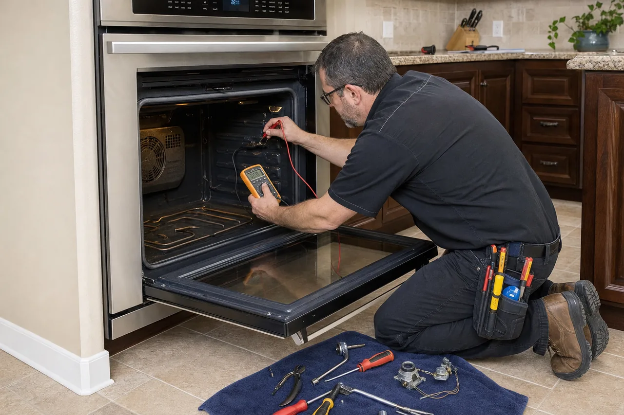 Technician servicing a built-in wall oven in a Roslyn kitchen
