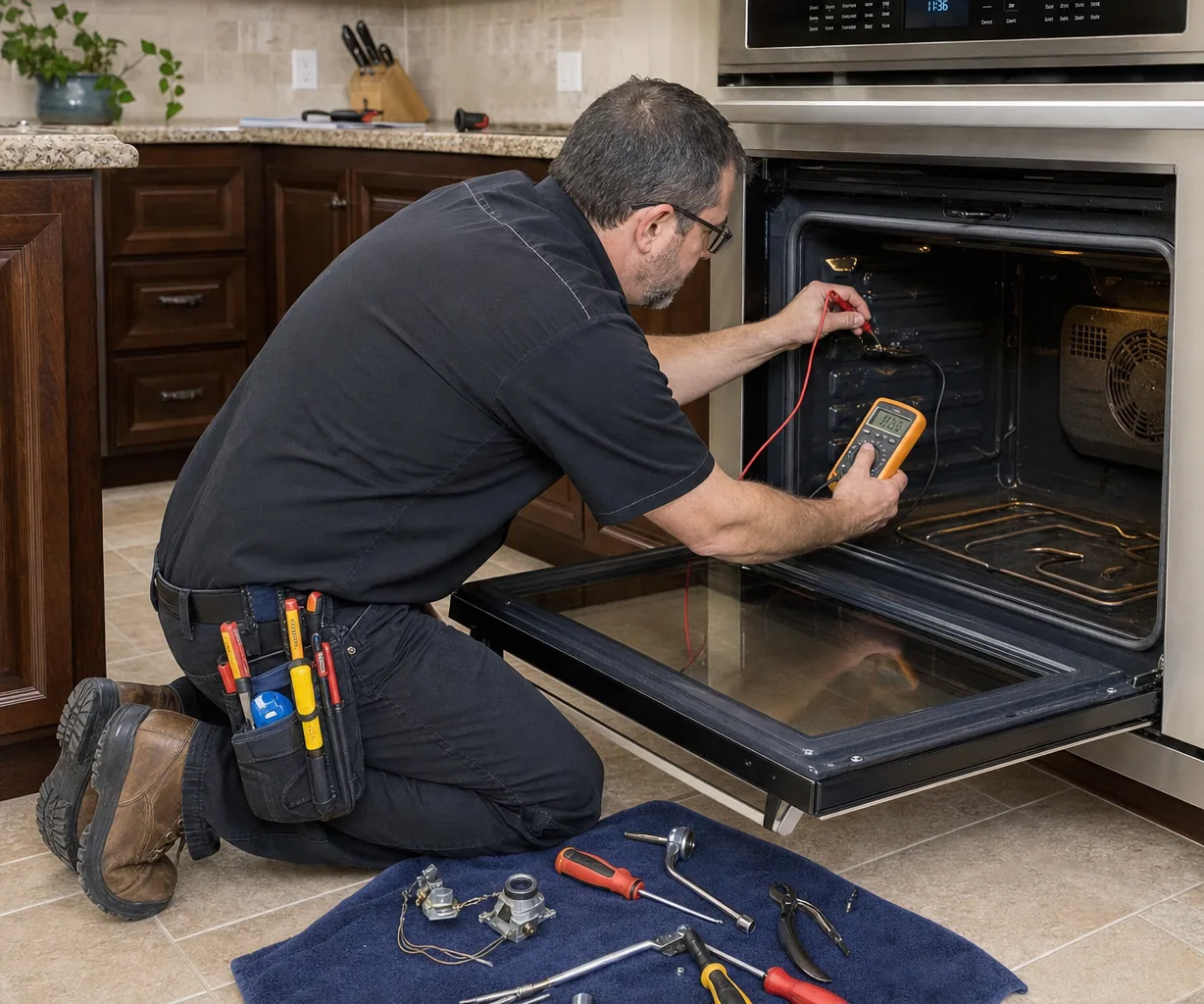 Technician servicing a built-in wall oven up close